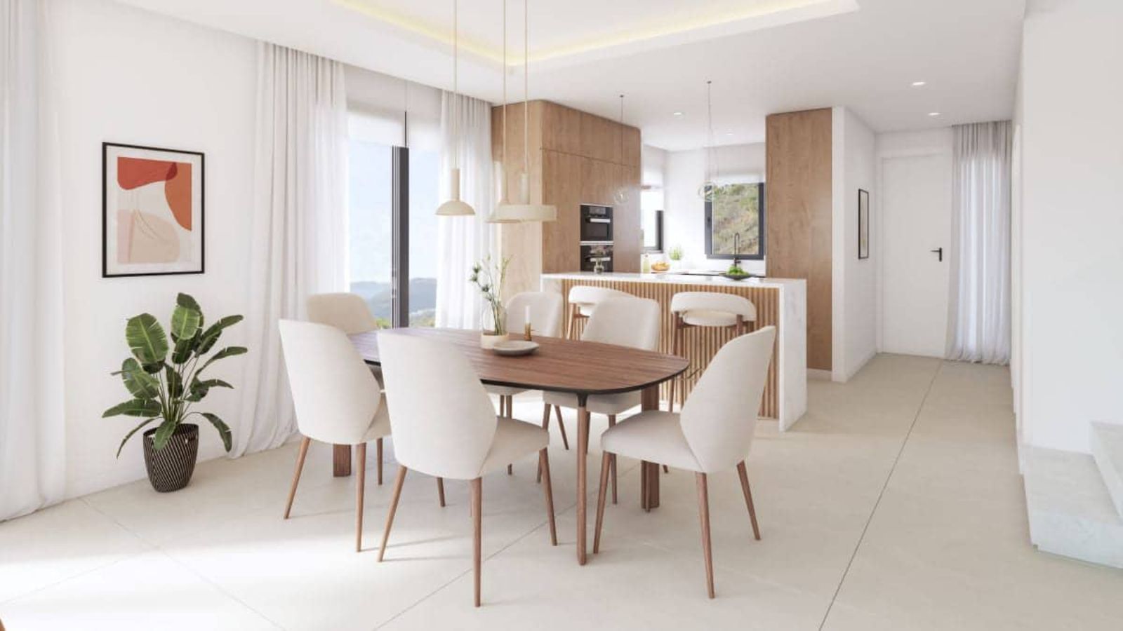 Moderne eetkamer met keuken en design meubels